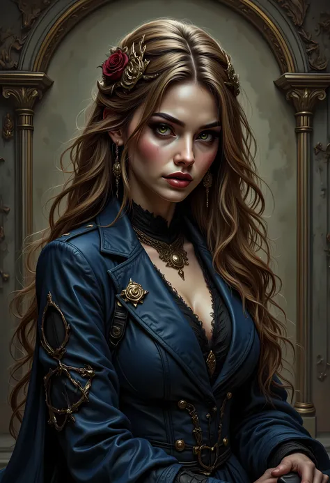  Arafed, a portrait of an vampire woman, full body shot, exotic beauty, long hair, gold hair, emerald green eyes, glowing eyes, vampire fangs, dark red lips, glamour shot, she wears an blue elegant suit, intricate suit. leather suit,  small cleavage, gold ...