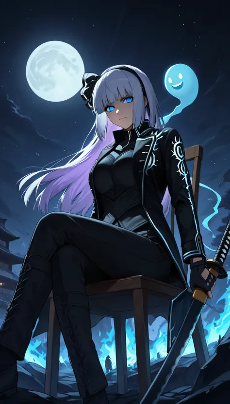 ,Give your images flat even illumination (negative) or dramatic chiaroscuro lighting (positive,Bloody Moon,destruction, fire, nighttime, dark, stars, moonlight, full moon,Thunderstorm around, serious boys, holding a katana, smile, mouth closed,dmc5vergil
b...