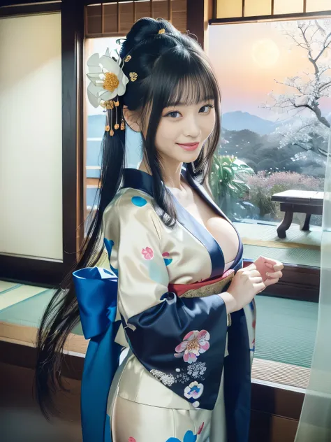 (Japanese house in spring)))(((Traditional tatami room)))(((luxurious Japanese style room )))(((Dark Japanese room at night3.0)))(((Under the Moonlight)))(((human girl wearing geisha kimono.0)))、(((gorgeous geisha kimono 1.0)))(((flashy decorated geisha ki...