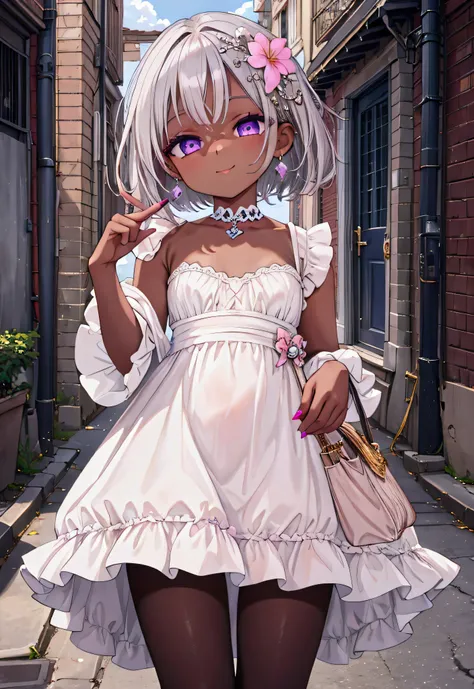 masterpiece, best quality, ultra-high-detailed, dark skin , silver hair, purple eyes, short hair, causal clothes, 27 yrs, in an alley of a city high detailed background, perfect round , (lipstick:0.7), smiling, small imperfections, (freckels:0.3) sunshine,...