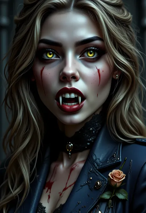 Arafed, a portrait of an vampire woman, full body shot, exotic beauty, long hair, gold hair, emerald green eyes, glowing eyes, vampire fangs, dark red lips, glamour shot, she wears an blue elegant suit, stains of blood, intricate suit. leather suit, smal...