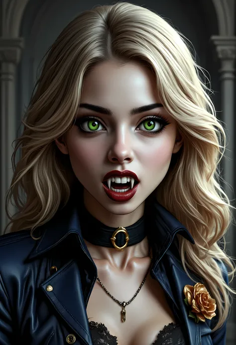 Arafed, a portrait of an vampire woman, full body shot, exotic beauty, long hair, gold hair, emerald green eyes, glowing eyes, vampire fangs, dark red lips, glamour shot, she wears an blue elegant suit, intricate suit. leather suit, small cleavage, gold ...