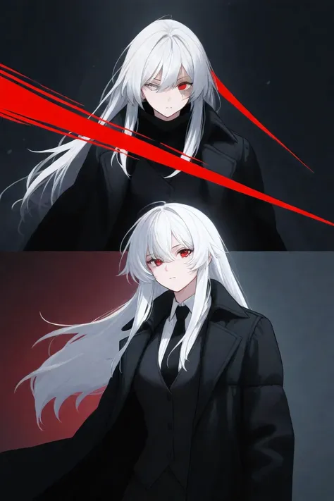 a tall white hair girl, around 20 years old, left eye is grey while right eye is red with a scar on the right side, black coat, black woman vest, black tie, have black color at some top of hair,