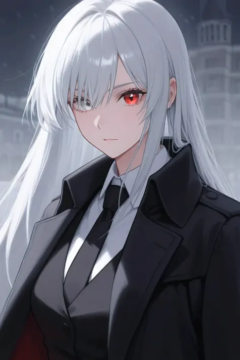 a tall white hair girl, around 20 years old, left eye is grey while right eye is red, black coat, black woman vest, black tie, have black color at some top of hair, just create 1 girl