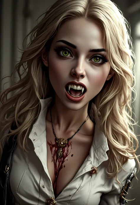  Arafed, a portrait of an vampire woman, (full body shot), exotic beauty, long hair, gold hair, emerald green eyes, glowing eyes, vampire fangs, dark red lips, glamour shot, she wears an white elegant suit, stains of blood, intricate suit. leather suit, sm...