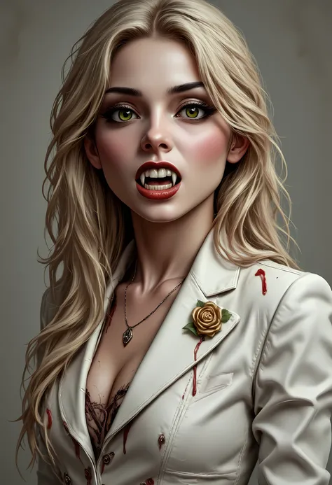  Arafed, a portrait of an vampire woman, (full body shot), exotic beauty, long hair, gold hair, emerald green eyes, glowing eyes, vampire fangs, dark red lips, glamour shot, she wears an white elegant suit, stains of blood, intricate suit. leather suit, sm...
