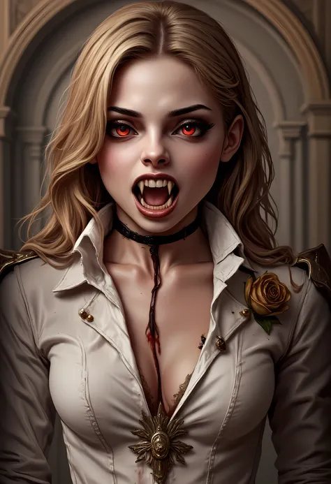  Arafed, a portrait of an vampire woman, (full body shot), exotic beauty, long hair, gold hair, ruby eyes, glowing eyes, vampire fangs, dark red lips, glamour shot, she wears an white elegant suit, stains of blood, intricate suit. leather suit, small cleav...