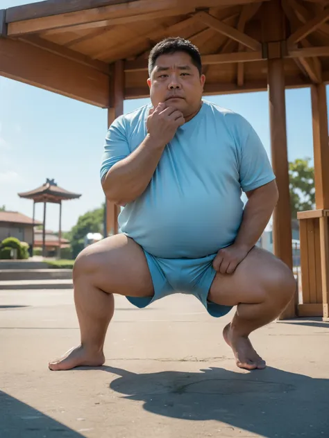 Thick Japan middle-aged man in his 50s, 1man, retarded, Human, Dwarfism, He wears a Light blue Hotpants, Bare thighs, ((peeing self, wetting self, pee stains,)), ((trembling, fear expression, scared, looking at viewer)), kindergarten background, It's a sun...