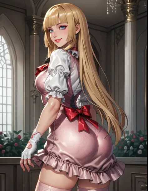 perfect eyes:1.2, detailed eyes:1.4, smile, tekken 8_lily, long hair, hime cut, blonde hair, blunt bangs, blue eyes, makeup, eyeshadow, lips, sleeves past elbows, white shirt, red neckerchief, pink dress, frilled skirt, necklace, white gloves, fingerless g...