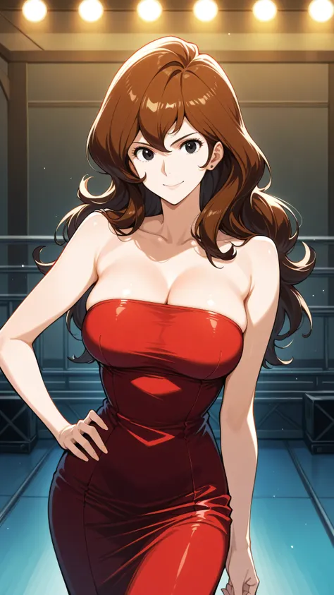 1girl,pov,solo,cowboy shot,standing,hand on own hip,arm at side,looking at viewer,lupin iii,mine fujiko,black eyes,brown hair,red strapless dress,large breasts,smile,closed mouth,indoors,stage lights