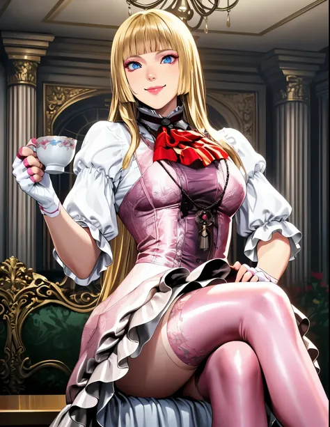 perfect eyes:1.2, detailed eyes:1.4, smile, tekken 8_lily, long hair, hime cut, blonde hair, blunt bangs, blue eyes, makeup, eyeshadow, lips, sleeves past elbows, white shirt, red neckerchief, pink dress, high-low skirt, necklace, white gloves, fingerless ...