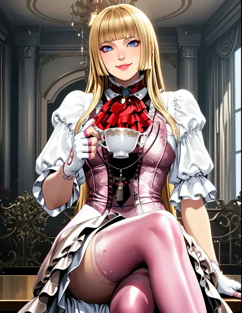 perfect eyes:1.2, detailed eyes:1.4, smile, tekken 8_lily, long hair, hime cut, blonde hair, blunt bangs, blue eyes, makeup, eyeshadow, lips, sleeves past elbows, white shirt, red neckerchief, pink dress, high-low skirt, necklace, white gloves, fingerless ...