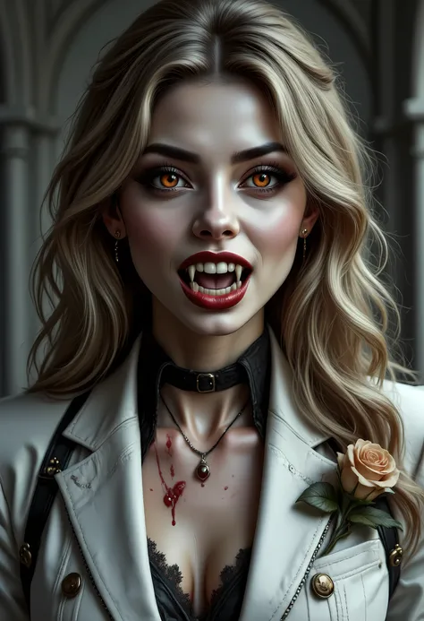 anime comic portrait of an vampire woman, (full body shot), exotic beauty, long hair, gold hair, ruby eyes, glowing eyes, vampire fangs, dark red lips, glamour shot, she wears an white elegant suit, stains of blood, intricate suit. leather suit, small clea...
