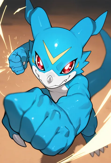 (soft shading, 4k, hi res, detailed face, detailed, Best quality, masterpiece, perfect line art, perfect body, detailed anatomy, blurred motion, dynamic pose, perfect shading), by Bebebebe, solo, 1male, veemon(character), digimon(creature), scalie, blue bo...