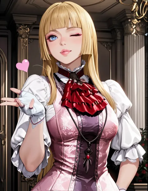 perfect eyes:1.2, detailed eyes:1.4, smile, tekken 8_lily, long hair, one eye closed, hime cut, blonde hair, blunt bangs, blue eyes, makeup, eyeshadow, lips, sleeves past elbows, white shirt, red neckerchief, pink dress, high-low skirt, necklace, white glo...