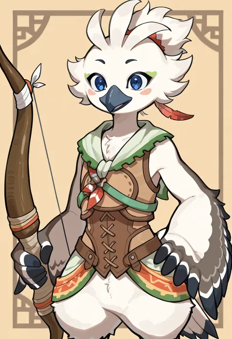 ((soft shading, 4k, hi res, detailed face, detailed, Best quality, masterpiece, perfect line art, perfect body, detailed anatomy, perfect shading)), by Zioxing, by K0BIT0WANI, solo, 1male, Tulin, Rito, Rito[TLOZ], Rito, avian, bird, feathers, tail short pl...