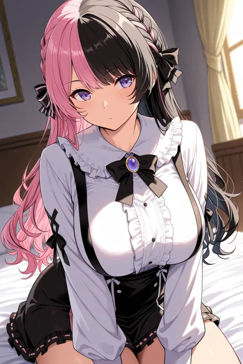best quality, masterpiece, Super detailed,High resolution,Extremely detailed CG, ,Hinan0Def, purple eyes, multicolored hair, pink hair, black hair, long hair, french braid, hair bow, black bowtie, brooch, frilled shirt, white shirt, long sleeves, black ski...