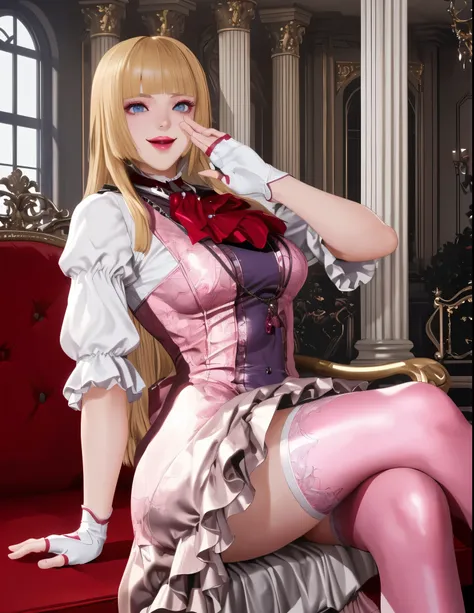 perfect eyes:1.2, detailed eyes:1.4, smile, tekken 8_lily, long hair, hime cut, blonde hair, blunt bangs, blue eyes, makeup, eyeshadow, lips, sleeves past elbows, white shirt, red neckerchief, pink dress, high-low skirt, necklace, white gloves, fingerless ...