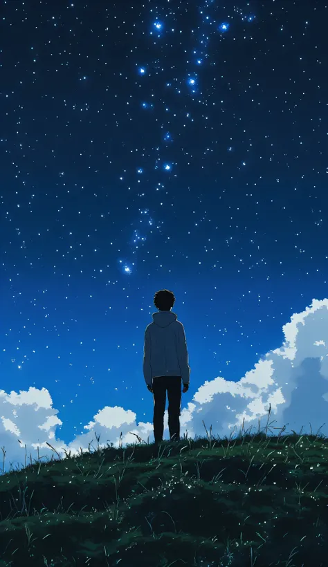 A solitary character , standing on top of a hill covered in short and dense grass , impresses with its completely dark silhouette that contrasts with a starry sky . The scene is illuminated by a soft bluish glow that emerges from the horizon , creating an...