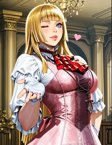 perfect eyes:1.2, detailed eyes:1.4, smile, tekken 8_lily, long hair, one eye closed, hime cut, blonde hair, blunt bangs, blue eyes, makeup, eyeshadow, lips, sleeves past elbows, white shirt, red neckerchief, pink dress, high-low skirt, necklace, white glo...