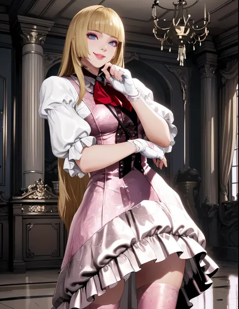 perfect eyes:1.2, detailed eyes:1.4, smile, tekken 8_lily, long hair, hime cut, blonde hair, blunt bangs, blue eyes, makeup, eyeshadow, lips, sleeves past elbows, white shirt, red neckerchief, pink dress, high-low skirt, necklace, white gloves, fingerless ...