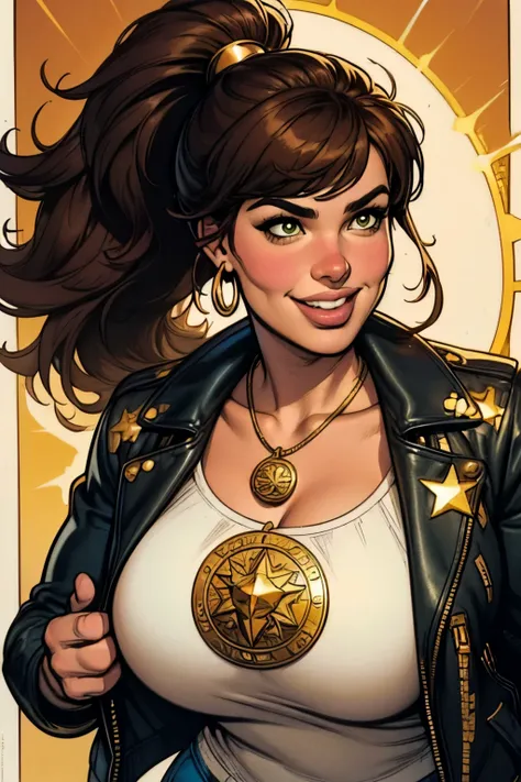 ABSURD QUALITY. natural lighting . Hyperrealism . fantastic comic book style illustration . A plus-size girl , gordinho, brown hair with bangs and ponytail . funny smile. Wear a black leather jacket with gold stars on the shoulders over ...
