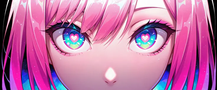 Masterpiece, Best Quality, Great Quality, Black Background, Colorful, Lively, Shining Contours, Neon, Negative, Viewers, Skin Texture Details, Volumetric Shadows, Skinny, Neon Pink Heart Eyes, Girly Pink Makeup, Close Up, Eye Focus, Close Up On Eyes 