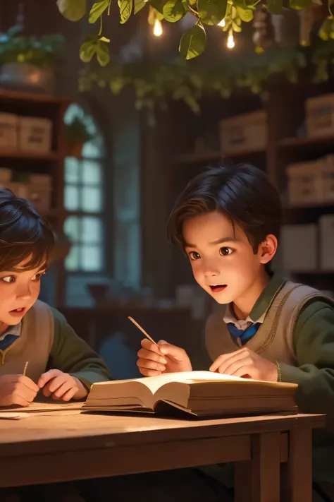 three boys making magical botanical experiments in hogwarts botany classroom, detailed facial features, serious expressions, focused actions, 5 botanical elements, best quality, 8k, ultra-detailed, realistic, physically-based rendering, vivid colors, warm ...