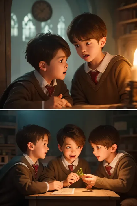 three boys making magical botanical experiments in hogwarts botany classroom, detailed facial features, serious expressions, focused actions, 5 botanical elements, best quality, 8k, ultra-detailed, realistic, physically-based rendering, vivid colors, warm ...