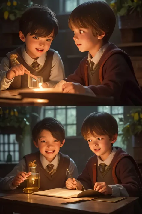 three boys making magical botanical experiments in hogwarts botany classroom, detailed facial features, serious expressions, focused actions, 5 botanical elements, best quality, 8k, ultra-detailed, realistic, physically-based rendering, vivid colors, warm ...