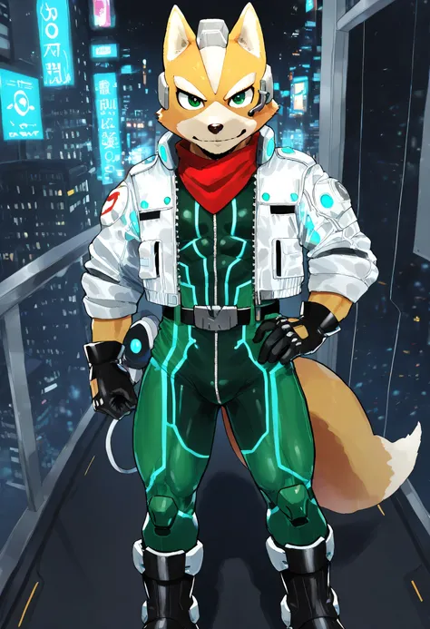 soft shading, 4k, hi res, detailed face, detailed, Best quality, masterpiece, detailed anatomy, detailed eyes, perfect shading, solo male, by Buta99, by K0BIT0WANI, by Spiritd, by Buta99, Fox mccloud, yellow fur, tail, green eyes, lean muscle, green bodysu...