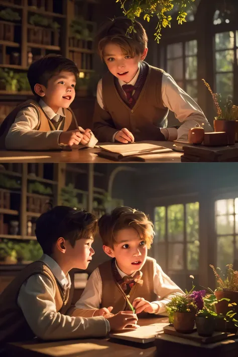 three boys making magical botanical experiments in hogwarts botany classroom, detailed facial features, serious expressions, focused actions, 5 botanical elements, best quality, 8k, ultra-detailed, realistic, physically-based rendering, vivid colors, warm ...