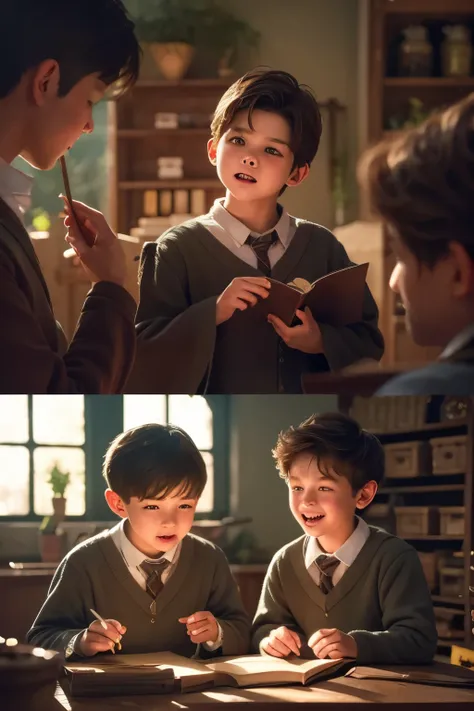 three boys making magical botanical experiments in hogwarts botany classroom, detailed facial features, serious expressions, focused actions, 5 botanical elements, best quality, 8k, ultra-detailed, realistic, physically-based rendering, vivid colors, warm ...