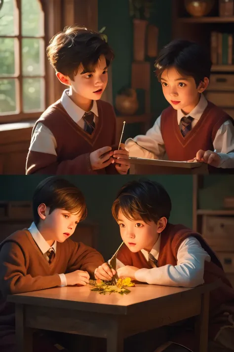 three boys making magical botanical experiments in hogwarts botany classroom, detailed facial features, serious expressions, focused actions, 5 botanical elements, best quality, 8k, ultra-detailed, realistic, physically-based rendering, vivid colors, warm ...