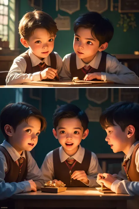 three boys making magical botanical experiments in hogwarts botany classroom, detailed facial features, serious expressions, focused actions, 5 botanical elements, best quality, 8k, ultra-detailed, realistic, physically-based rendering, vivid colors, warm ...