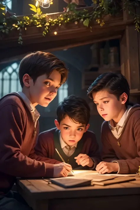 three boys making magical botanical experiments in hogwarts botany classroom, detailed facial features, serious expressions, focused actions, 5 botanical elements, best quality, 8k, ultra-detailed, realistic, physically-based rendering, vivid colors, warm ...