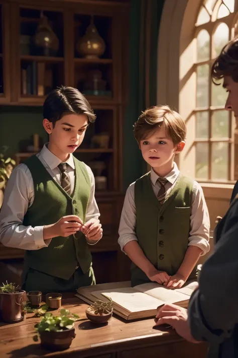 three boys making magical botanical experiments in hogwarts botany classroom, detailed facial features, serious expressions, focused actions, 5 botanical elements, best quality, 8k, ultra-detailed, realistic, physically-based rendering, vivid colors, warm ...