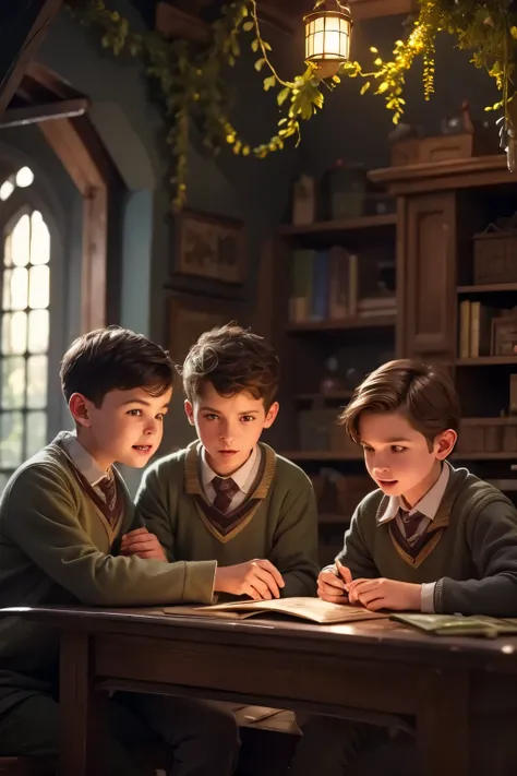 three boys making magical botanical experiments in hogwarts botany classroom, detailed facial features, serious expressions, focused actions, 5 botanical elements, best quality, 8k, ultra-detailed, realistic, physically-based rendering, vivid colors, warm ...