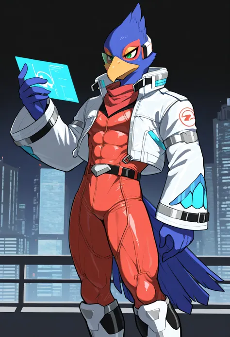 soft shading, 4k, hi res, detailed face, detailed, Best quality, masterpiece, detailed anatomy, detailed eyes, perfect shading, by Buta99, by K0BIT0WANI, by Spiritd, solo male, Falco lombardi, blue feathers body, tail, green eyes, lean muscle, red bodysuit...