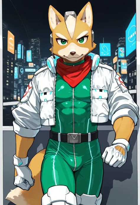 soft shading, 4k, hi res, detailed face, detailed, Best quality, masterpiece, detailed anatomy, detailed eyes, perfect shading, solo male, by Buta99, by K0BIT0WANI, by Spiritd, by Buta99, Fox mccloud, yellow fur, tail, green eyes, lean muscle, green bodysu...