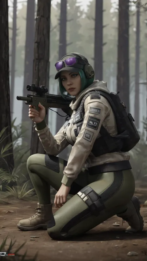 (masterpiece), best quality, expressive eyes, perfect face, tactical bag, holding rifle sniper, mercenaries, boots, shoes, forest background, leggings, ela (rainbow six siege), Poland, polish woman, ela, boots, soles, dyed green bob hair, busty