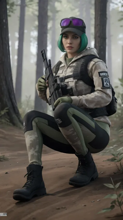(masterpiece), best quality, expressive eyes, perfect face, tactical bag, holding rifle sniper, mercenaries, boots, shoes, forest background, leggings, ela (rainbow six siege), Poland, polish woman, ela, boots, soles, dyed green bob hair, busty