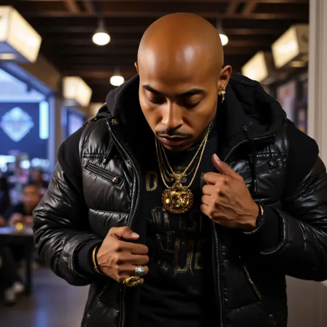 A drone shot of persin Nztykle as a Bald ebony Masculine Male Thug Hoodlem savage in screen ::1 grab footage of a video in the style of travis Scott psychadelic Thumbnail splash screen cover a Hype Williams gangster Rap music video directed by wearing a gu...