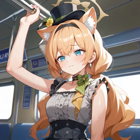 (masterpiece), (absurdres), (top quality), detailed background, 1girl, solo, shiny skin , antisera , mari , sweat , sweat drops , embarrassed, on train, train interior, (holding white loop strap hand grip: 1 . 2), arm up, hand up, looking down, upper body,...