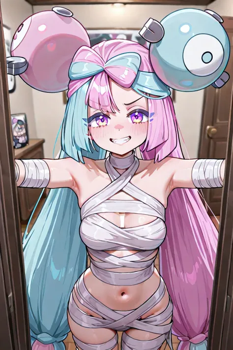 Iono (Pokémon Scarlet and Violet), young girl, ((((Just 1 Iono)))), Medium breasts, very long hair, twintails, bicolor hair, light blue and pink hair, two-toned eyes, pink and blue eyes, ((mischievous expression)), Provocative smile, arms half raised, Extr...