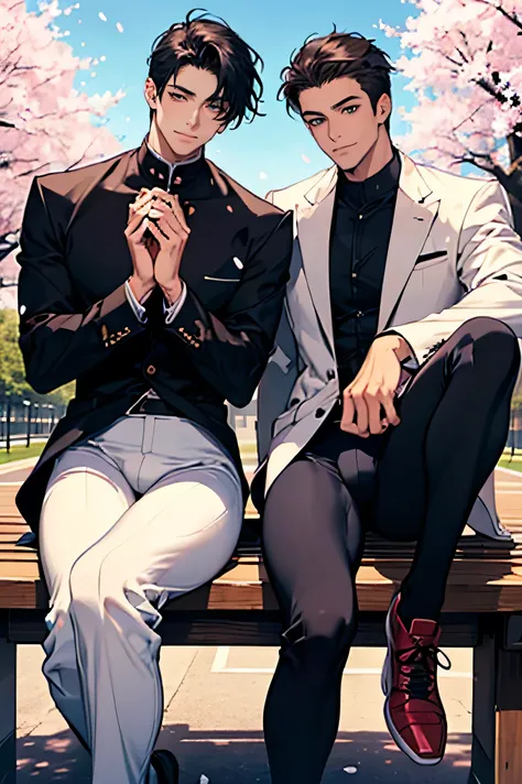 two men Two handsome guys very short black hair blue sky cherry blossoms in full bloom White Tight Compression Long Pants Mega Bulge Compression Long Sleeve Two men smile touch the mokkori two men sit with their crotches open hey look a...