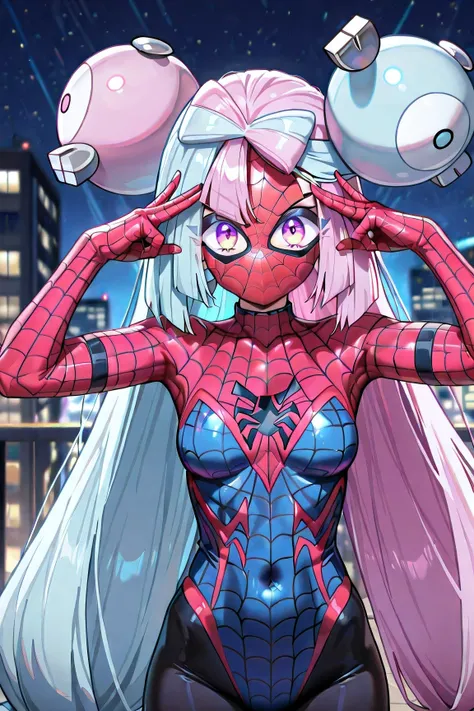 Iono (Pokémon Scarlet and Violet), young girl, ((((Just 1 Iono)))), Medium breasts, very long hair, loose hair, hair over the mask, bicolor hair, light blue and pink hair, arms half raised, Extremely detailed face, spider-man costume, bicolor costume, pink...