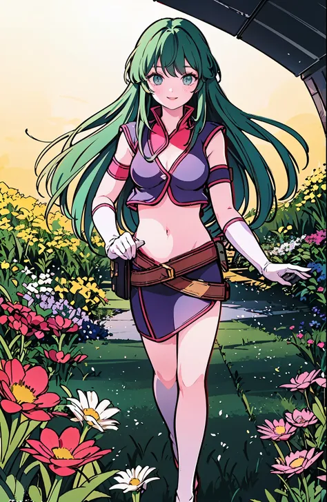 A woman with long green hair, smiling gently, standing in a sunlit meadow full of colorful flowers, illustrated in classic ren’s book style, hand-painted textures, whimsical and cozy atmosphere