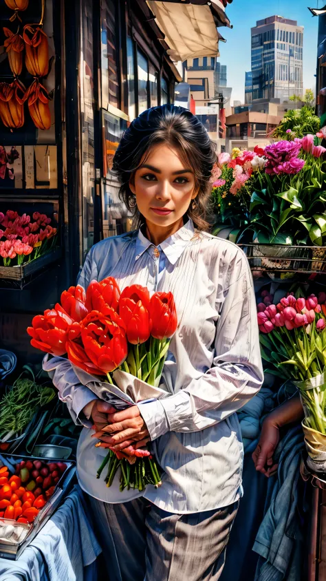 anatomically correct:1.5, an elderly vendor with a bouquet of tulips in his hands:1.5, with his flower street stall:1.5, hyperrealistic, 8K, high quality, detailed, intricate, PhotoRealistic, masterpiece, vibrant colors, natural lighting, street scene, out...