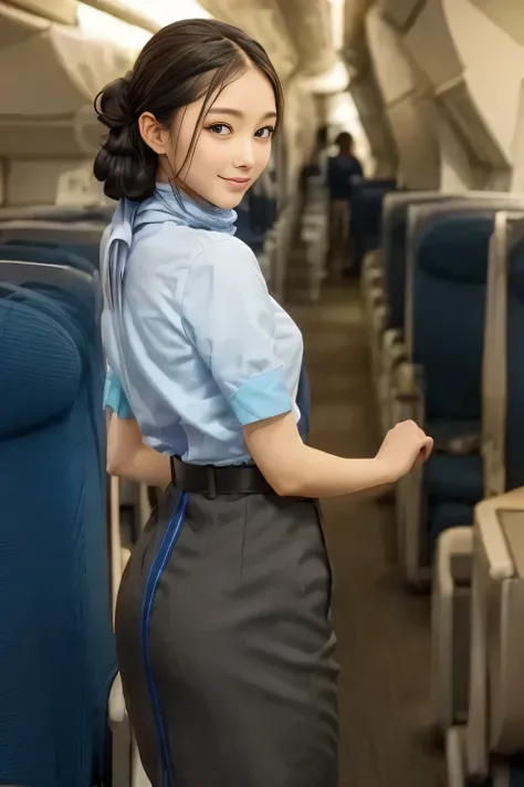 (masterpiece:1.2, best quality:1.2), 32kHDR, high image quality 。 perfect for loosely aligning your legs , (alone、 1 girl)、( daytime building rooftop 、 professional lighting )、 against the roof of a building 、(ANA Flight Attendant Uniform Blue Wear ...